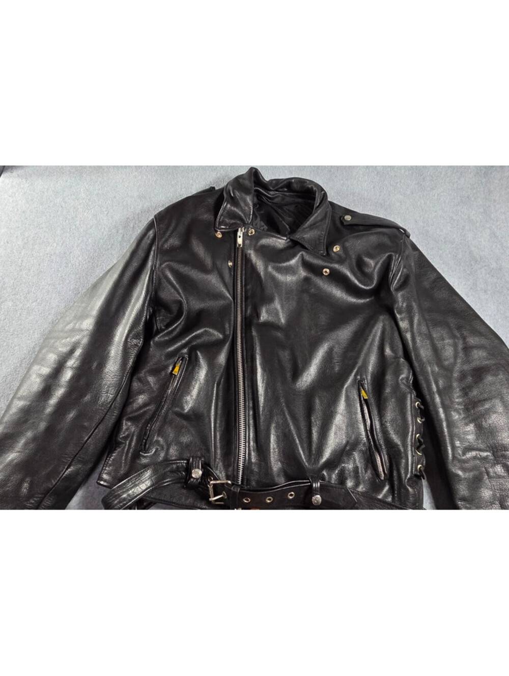 Men's XXL Black Leather Armored Motorcycle Jacket Belted Side Lace YKK Biker